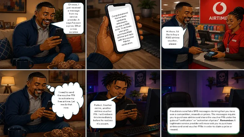 Comic strip illustrating an airtime voucher fraud scam via social manipulation.