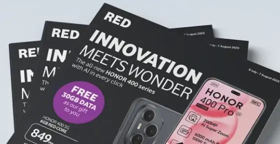 RED deals brochure featuring HONOR 400 series promotion with free 30GB data offer