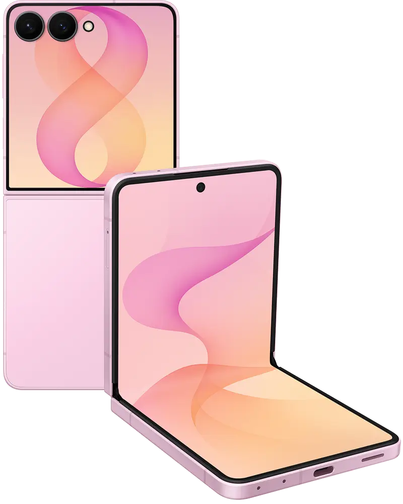 A pink foldable smartphone shown from two angles: one closed, displaying a dual-camera setup on the back cover alongside a small outer screen showing an abstract figure-eight graphic, and one partially open, showing the main inner display with a punch-hole selfie camera, charging port, and speaker grilles at the bottom
