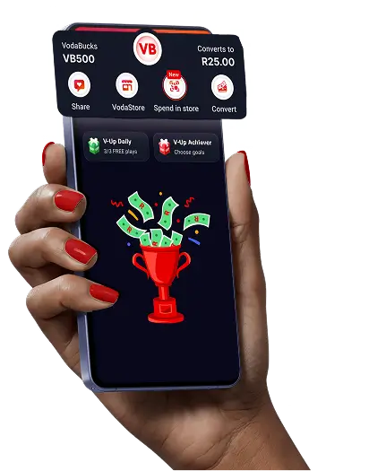 Hand holding a smartphone displaying the VodaPay app rewards screen with VodaBucks balance and a trophy with cash