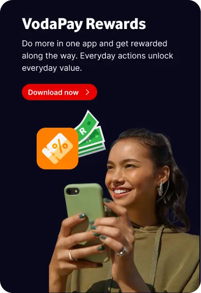Woman smiling while looking at her smartphone with VodaPay Rewards graphic overlays of cash and a discount coupon badge.