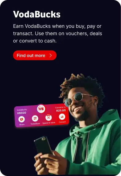 Man wearing sunglasses smiling while holding a smartphone next to a digital VodaBucks card interface displaying balance options.