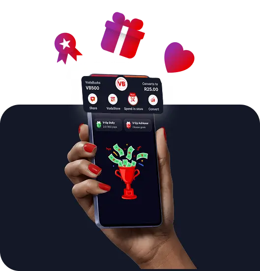 Hand holding a smartphone displaying the VodaPay interface with a trophy and cash icon, surrounded by floating gift, star badge, and heart icons.