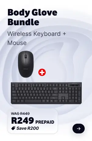 Body Glove Bundle promo card showing a Wireless Keyboard and Mouse for R249 PREPAID (WAS R449, Save R200).