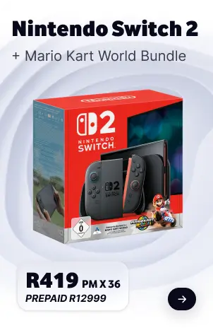 Nintendo Switch 2 + Mario Kart World Bundle promo card showing the retail box for R419 PM x 36 or PREPAID R12999.