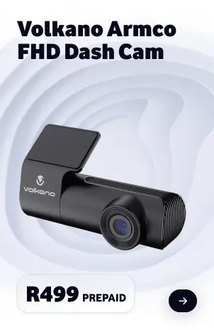 Volkano Armco FHD Dash Cam promo card showing the black cylindrical camera for R499 PREPAID.