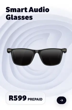 Smart Audio Glasses promo card showing black frame sunglasses for R599 PREPAID.