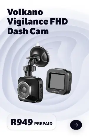 Volkano Vigilance FHD Dash Cam promo card showing the camera unit with suction mount for R949 PREPAID.