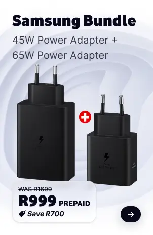 Samsung Bundle promo card showing a 45W Power Adapter and 65W Power Adapter for R999 PREPAID (WAS R1699, Save R700).