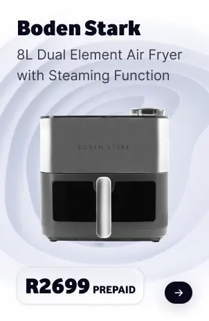 Boden Stark 8L Dual Element Air Fryer with Steaming Function card for R2699 PREPAID.