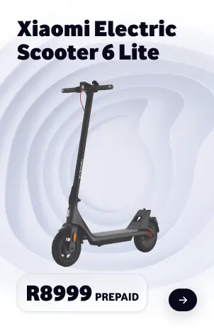 Lite Xiaomi Electric Scooter 6 Lite card showing a black foldable electric scooter for R8999 PREPAID.