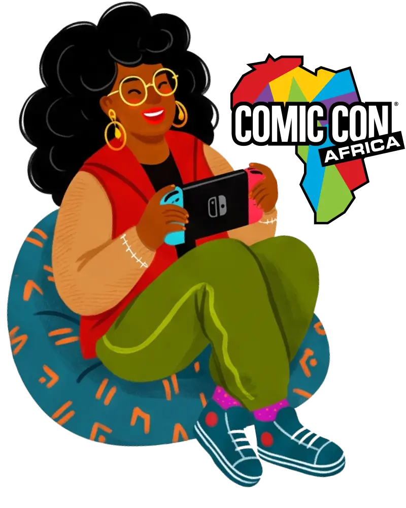 Comic Con Africa illustration featuring a person sitting on a beanbag playing a handheld console next to the Comic Con Africa logo.