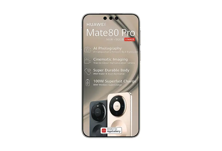 HUAWEI Mate80 Pro showing 16GB + 512GB storage, XMAGE branding, AI Photography, Cinematic Imaging, Super Durable Body (IP69), and 100W Superfast Charge / 80W Wireless SuperCharge.