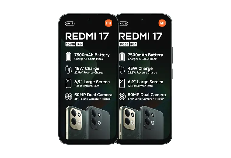 REDMI 17 dual display showing 256GB storage, IP64 rating, 7500mAh Battery with Charger & Cable Inbox, 45W Charge with 22.5W Reverse Charge, 6.9" 120Hz Large Screen, and 50MP Dual Camera with 8MP Selfie Camera + Flicker sensor.