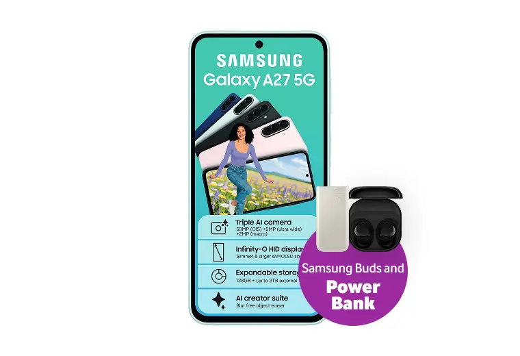 Samsung Galaxy A27 5G featuring a Triple AI camera, Infinity-O HID display, expandable storage, and AI creator suite, bundled with Samsung Buds and Power Bank.