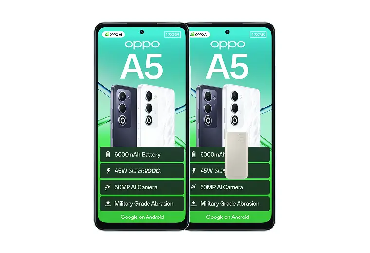 OPPO A5 featuring 128GB storage, 6000mAh battery, 45W SUPERVOOC charging, 50MP AI Camera, and Military Grade Abrasion resistance running Google on Android.