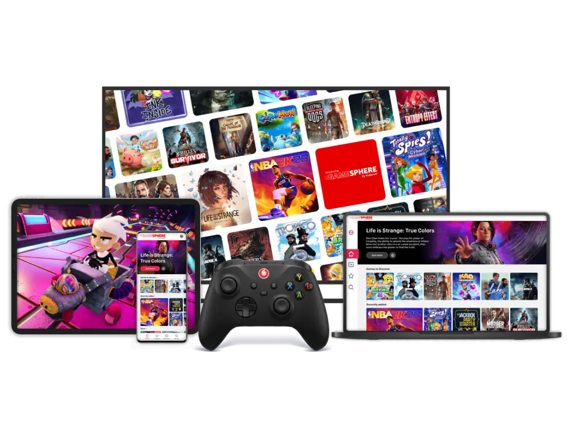 GameSphere cloud gaming library displayed across a smart TV, laptop, tablet, smartphone, and game controller.
