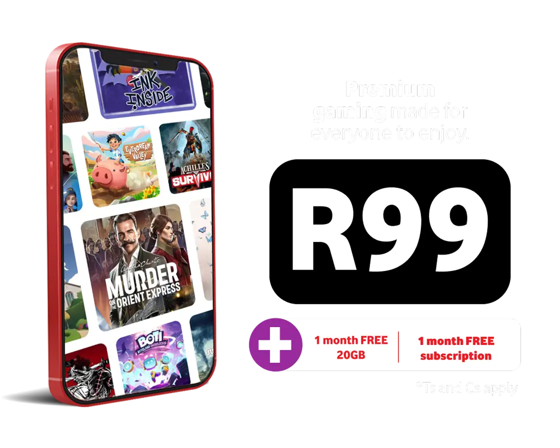 GameSphere ready to play promo showing a smartphone displaying games, with pricing from R99 and 1 month free plus 20GB.