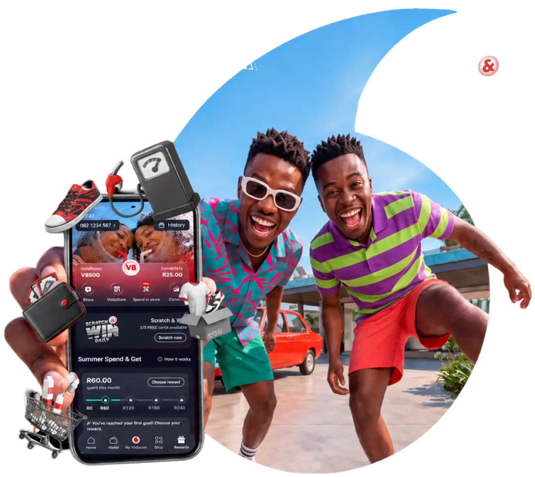 Hand holding a smartphone displaying the VodaPay app alongside two smiling men in summer outfits