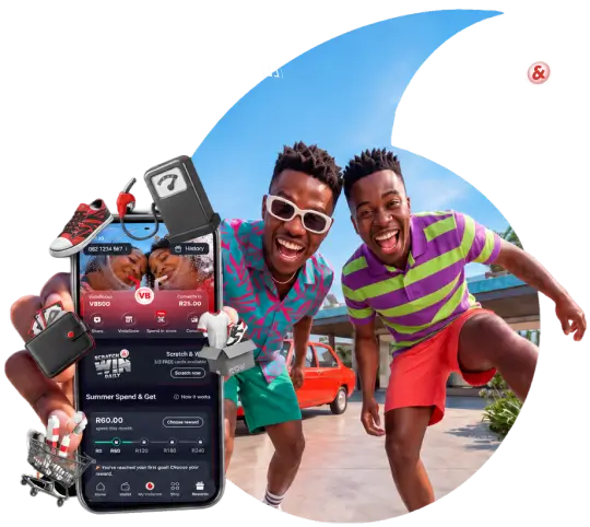 Hand holding a smartphone displaying the VodaPay app alongside two smiling men in summer outfits