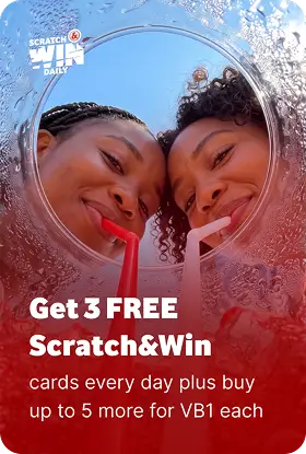 Two women drinking through straws with text reading 'Get 3 FREE Scratch&Win cards every day plus buy up to 5 more for VB1 each'