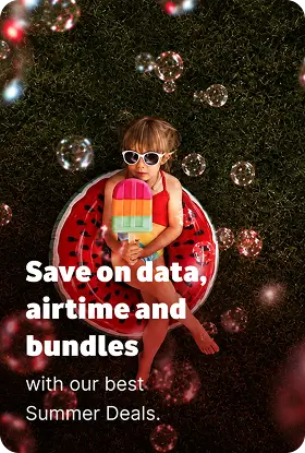 Child in sunglasses sitting on a watermelon pool float holding an ice lolly, with text reading 'Save on data, airtime and bundles with our best Summer Deals'