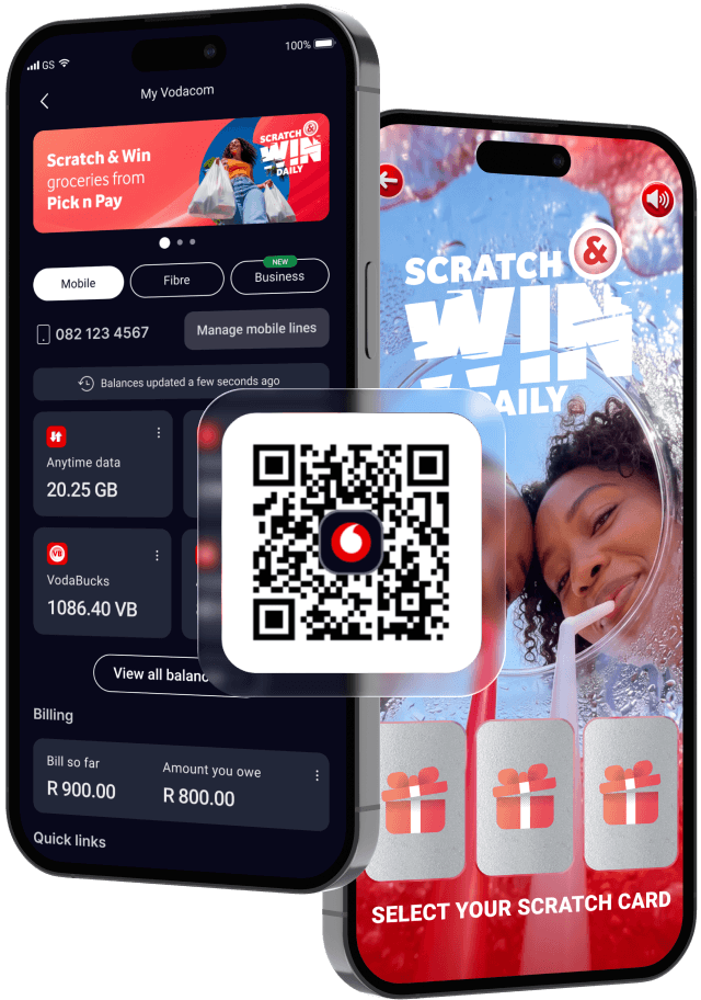 Two smartphones displaying the VodaPay app account linking screen and home dashboard.