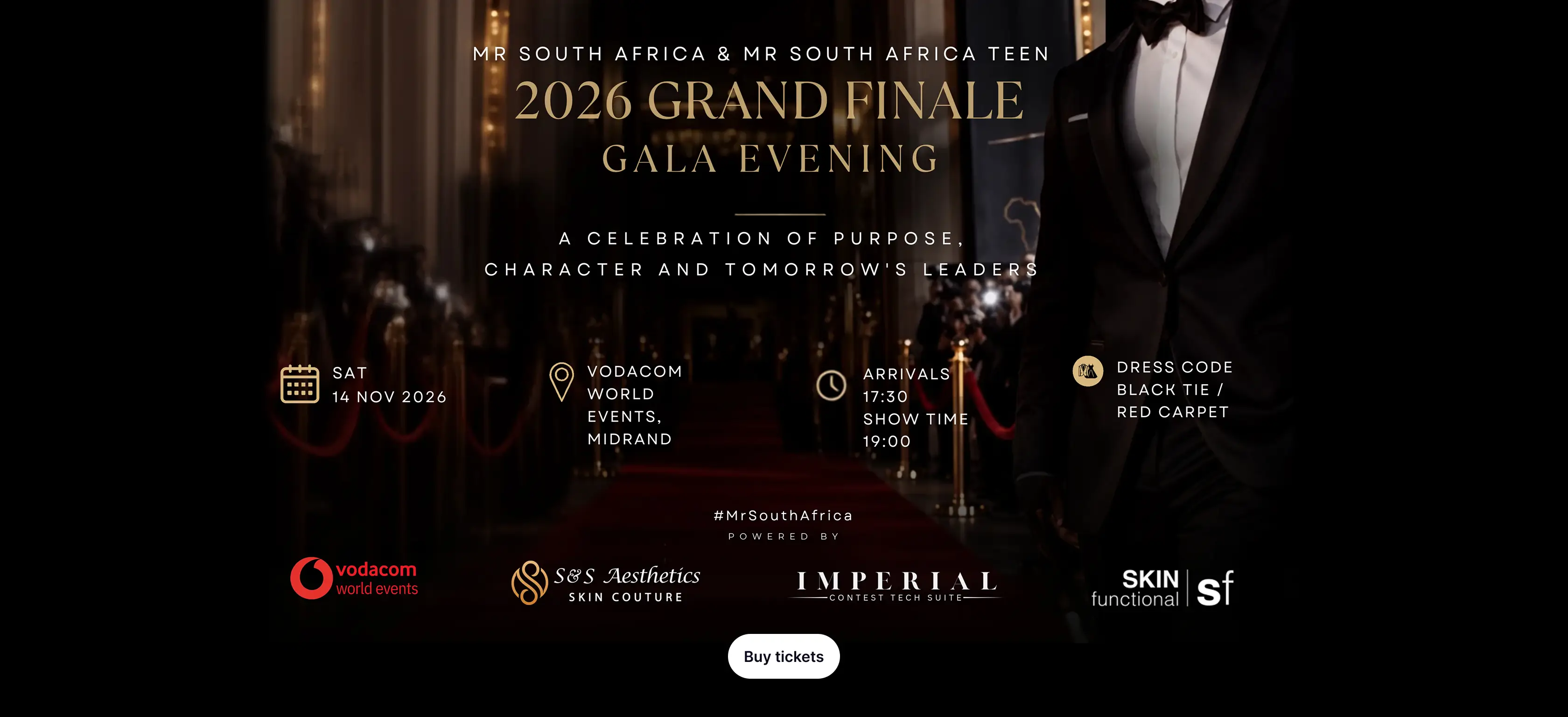 Mr South Africa & Mr South Africa Teen 2026 Grand Finale Gala Evening promotional banner featuring event details against a backdrop of a red carpet and a man in a black tuxedo.