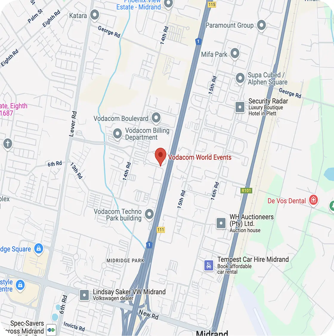 Map showing the location of Vodacom World Events in Midrand.