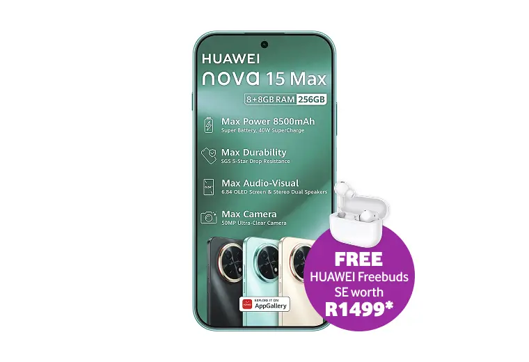 Huawei nova 15 Max smartphone in green, featuring 8+8GB RAM, 256GB storage, and a free Huawei FreeBuds SE worth R1499.