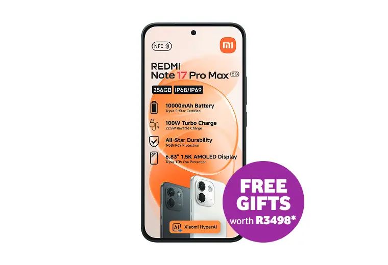 Xiaomi Redmi Note 17 Pro Max 5G smartphone with 256GB storage, featuring a 10000mAh battery, 100W turbo charge, and free gifts worth R3498