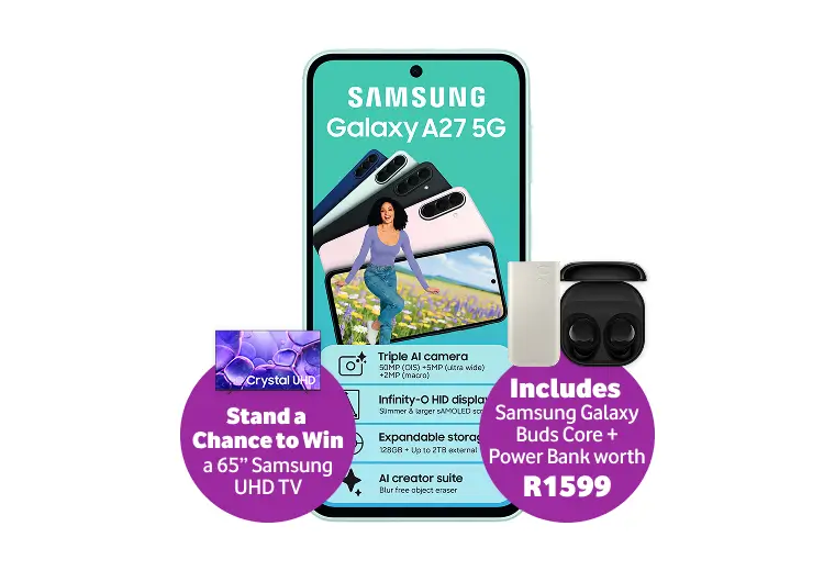 Samsung Galaxy A27 5G smartphone, featuring a triple AI camera and an included Samsung Galaxy Buds Core plus Power Bank bundle worth R1599, with a chance to win a 65-inch Samsung UHD TV.