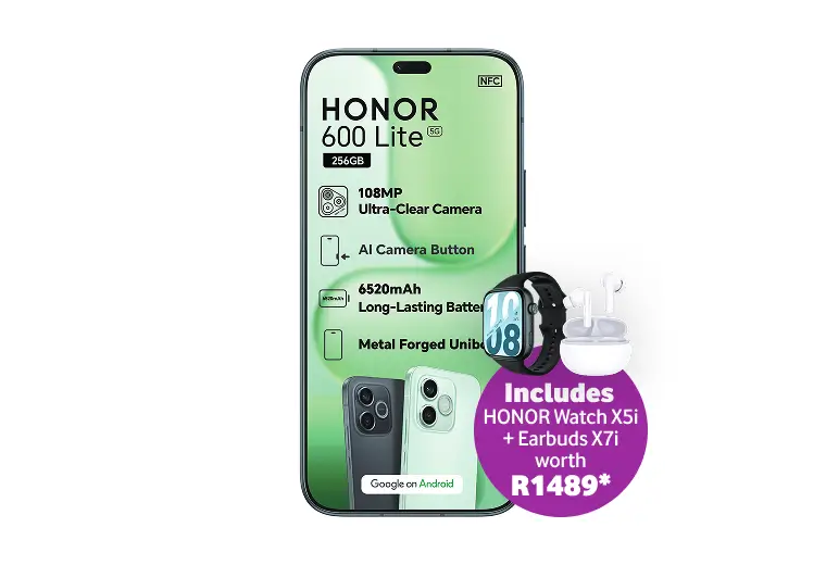 HONOR 600 Lite 5G smartphone with 256GB storage, featuring a 108MP camera and an included HONOR Watch X5i plus Earbuds X7i bundle worth R1489.