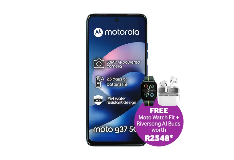 Motorola moto g37 5G smartphone, featuring a 50MP AI-powered camera and a free Moto Watch Fit plus Riversong AI Buds bundle worth R2548.