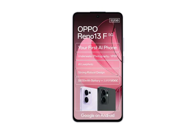 OPPO Reno13 F 5G smartphone with 512GB storage, featuring AI photo capabilities, underwater photography with IP69 protection, and a 5800mAh battery.