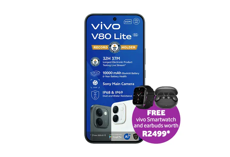 Vivo V80 Lite 5G smartphone, featuring a 10000mAh BlueVolt battery and an included vivo smartwatch and earbuds bundle worth R2499.